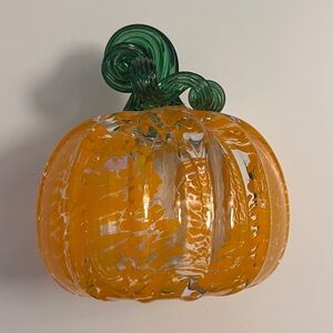 Glass Pumpkin Decor with Green Stem Blown Glass